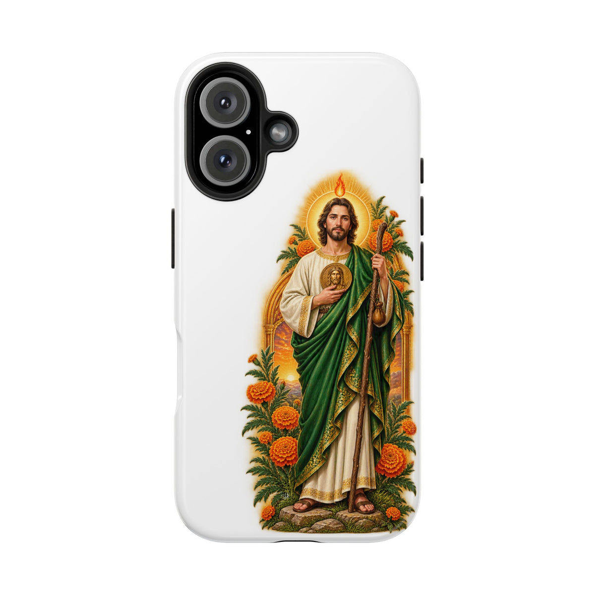 iPhone 16 San Judas phone case with marigold sun arch artwork