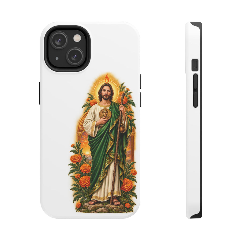 San Judas phone case with marigold sun arch artwork, detail view 14