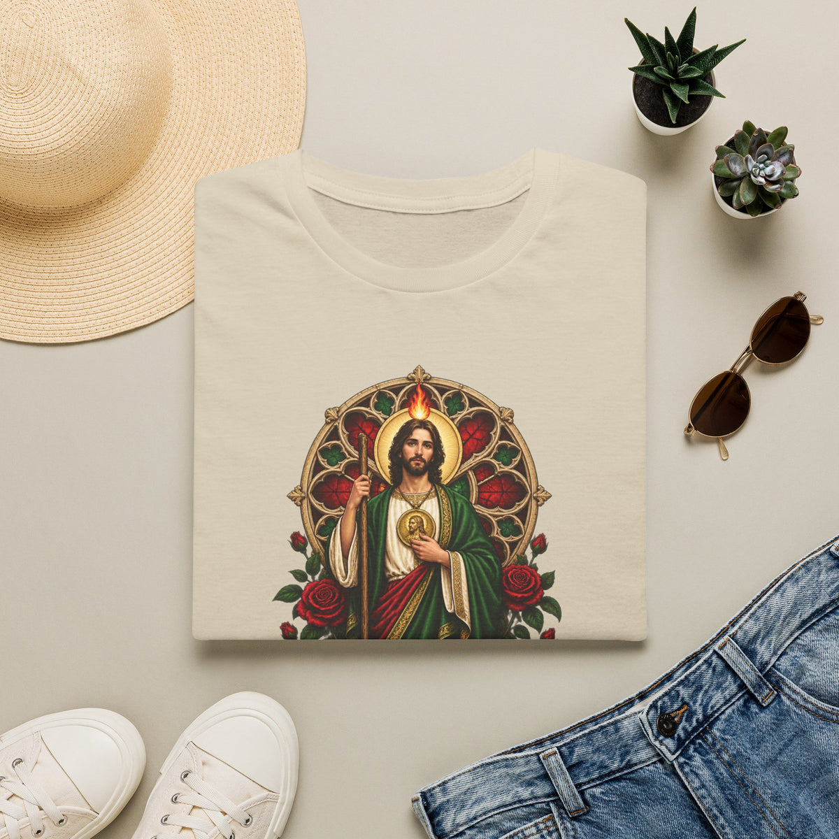 San Judas Tadeo Crimson Rose Window Unisex T-Shirt