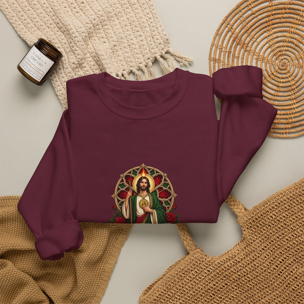 San Judas Tadeo Crimson Rose Window Crewneck Sweatshirt