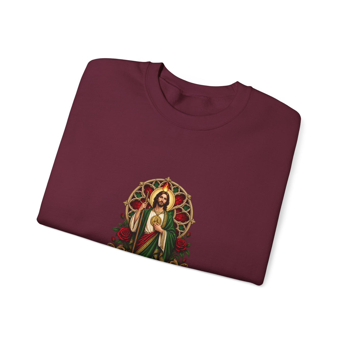 San Judas Tadeo Crimson Rose Window Crewneck Sweatshirt