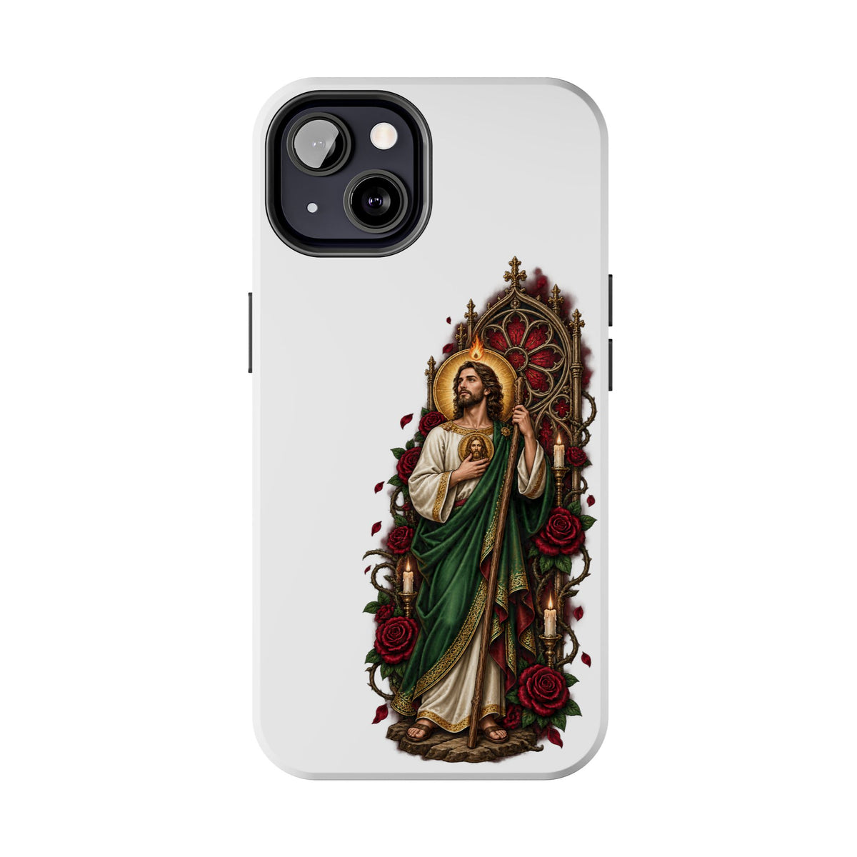 San Judas phone case with crimson rose window artwork, detail view 11