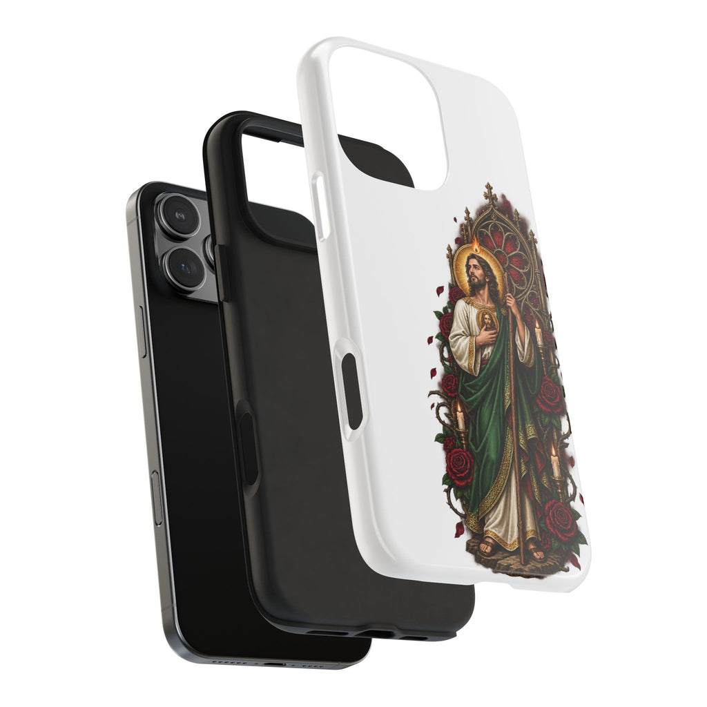 San Judas phone case with crimson rose window artwork, detail view 25