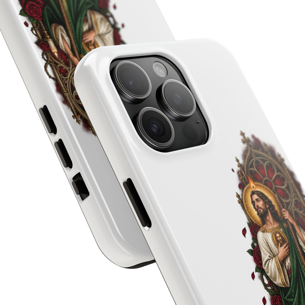 San Judas phone case with crimson rose window artwork, detail view 19