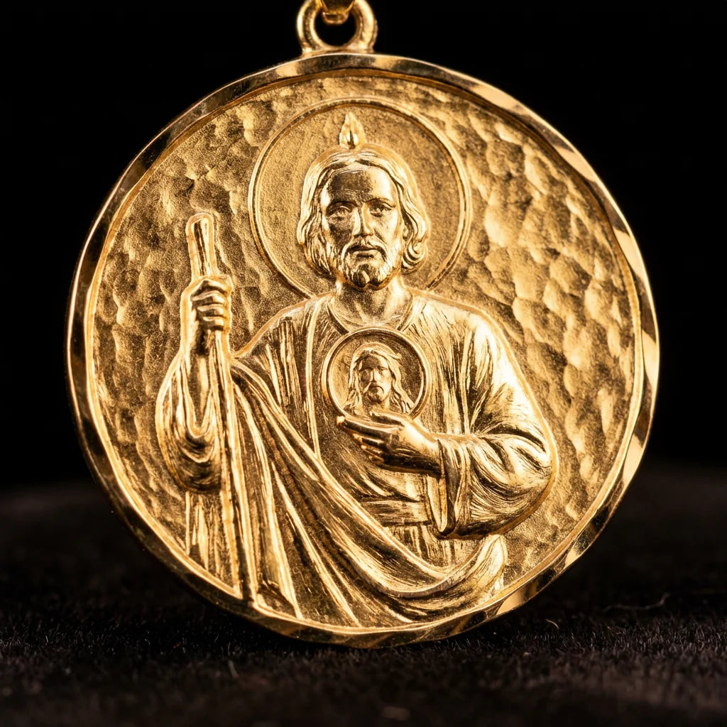San Judas Gold Medallion - Close Up Detail