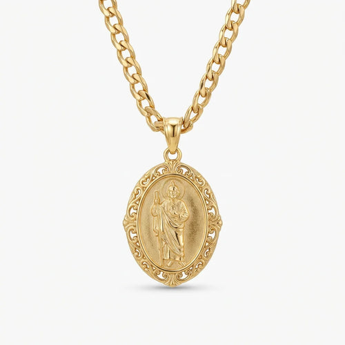 18K Gold Plated San Judas Medallion Necklace - White Background