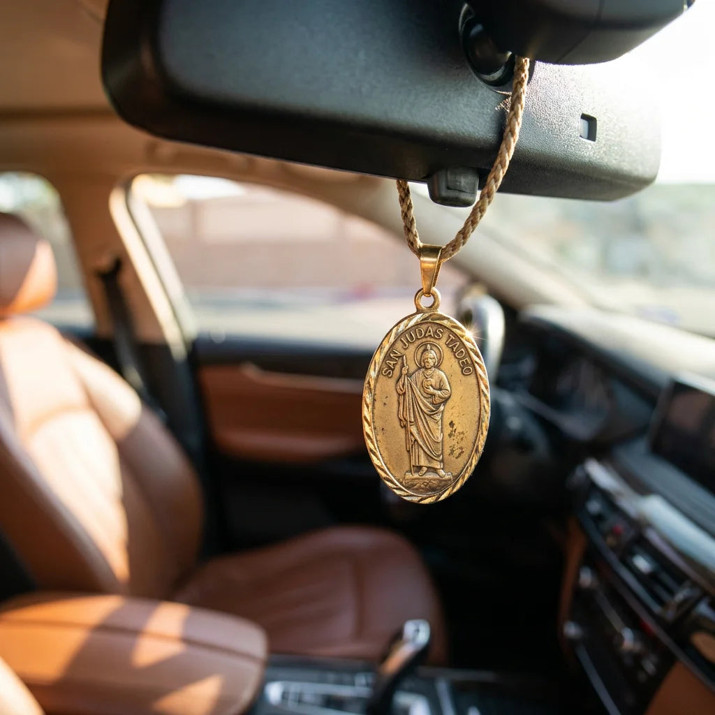 San Judas Tadeo Ornament Hanging from Car Rearview Mirror